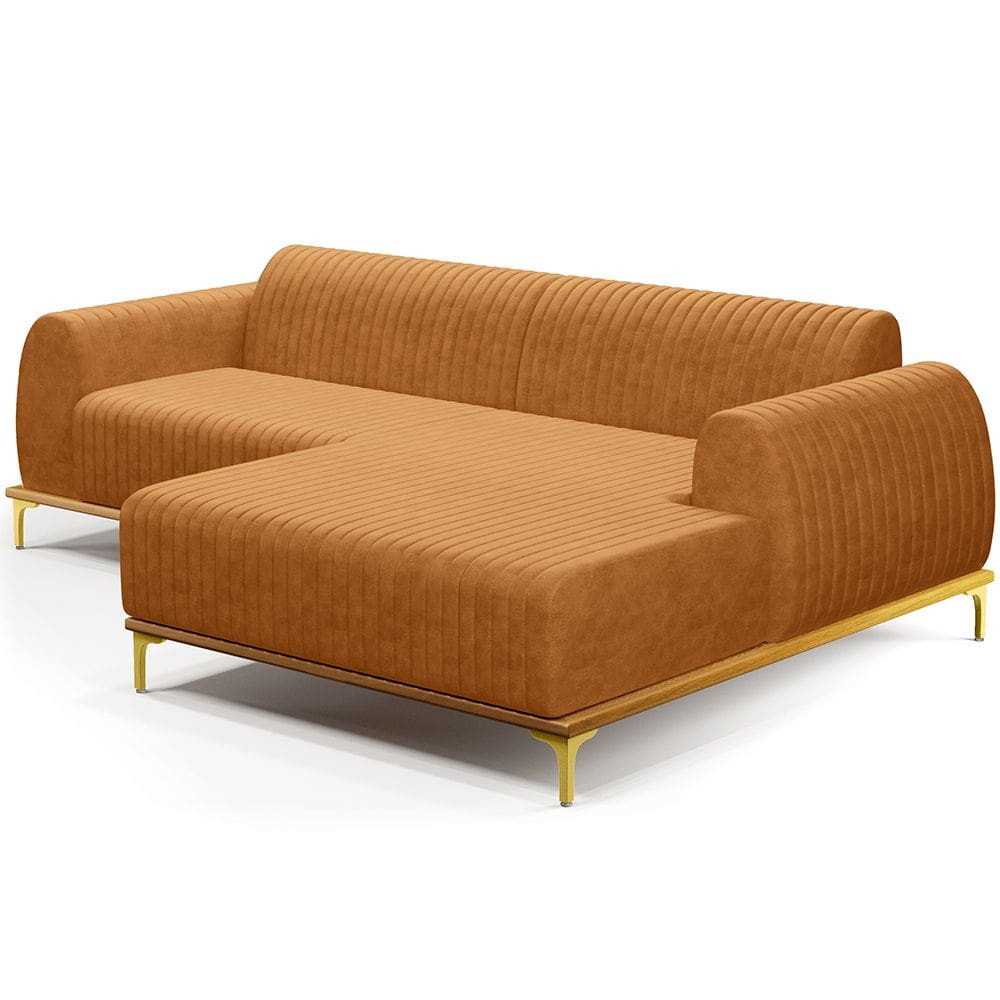 Sofá 4 Lugares com Chaise Direito Para Sala de Estar Molino 265cm D02 Base Castanho Pés D`ouro Couríssimo Whisky B-90 - Lyam Decor