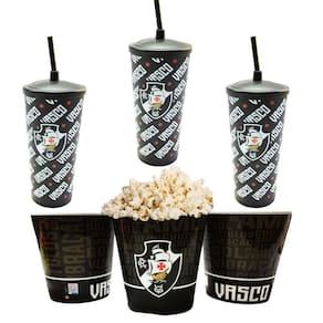 Kit 3 Copos + Balde Pipoca Plástico Preto Tampa Canudo 500Ml