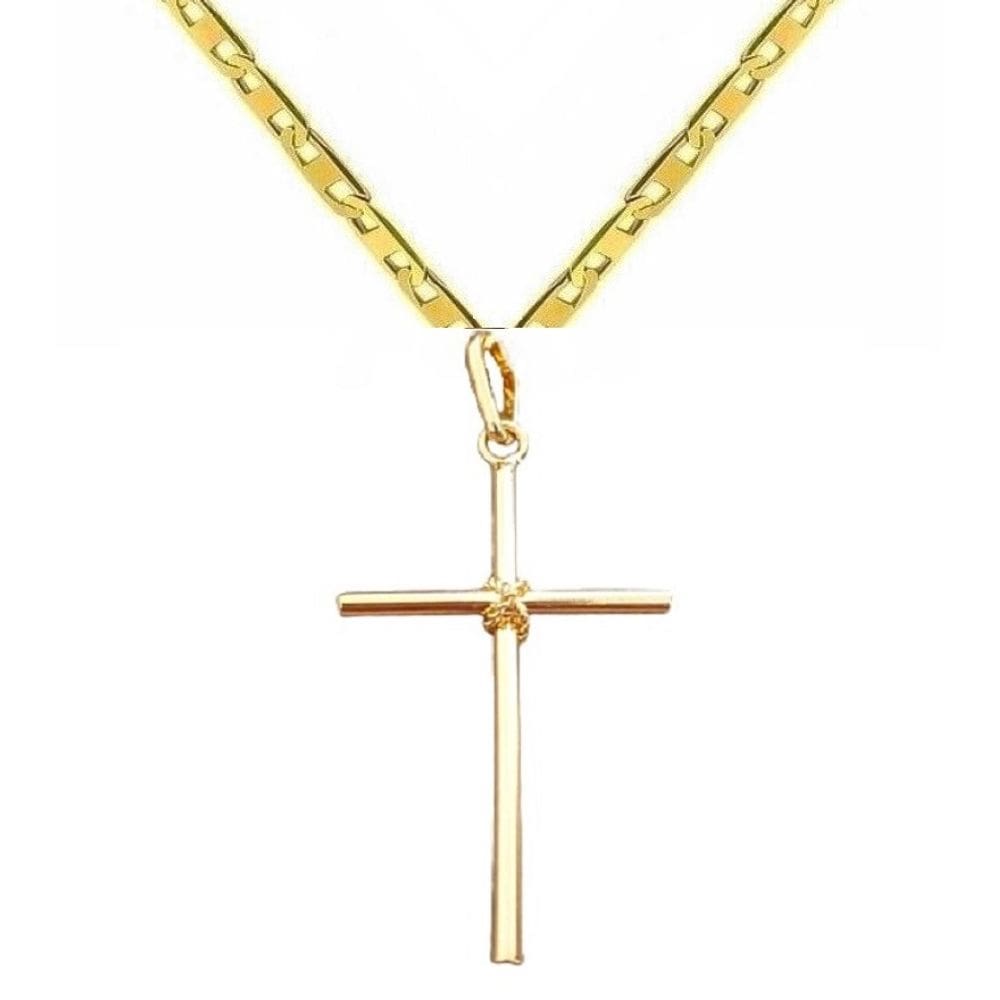 Corrente Piastrine 60cm + Pingente Cruz com Manto Masculino Banhada a Ouro
