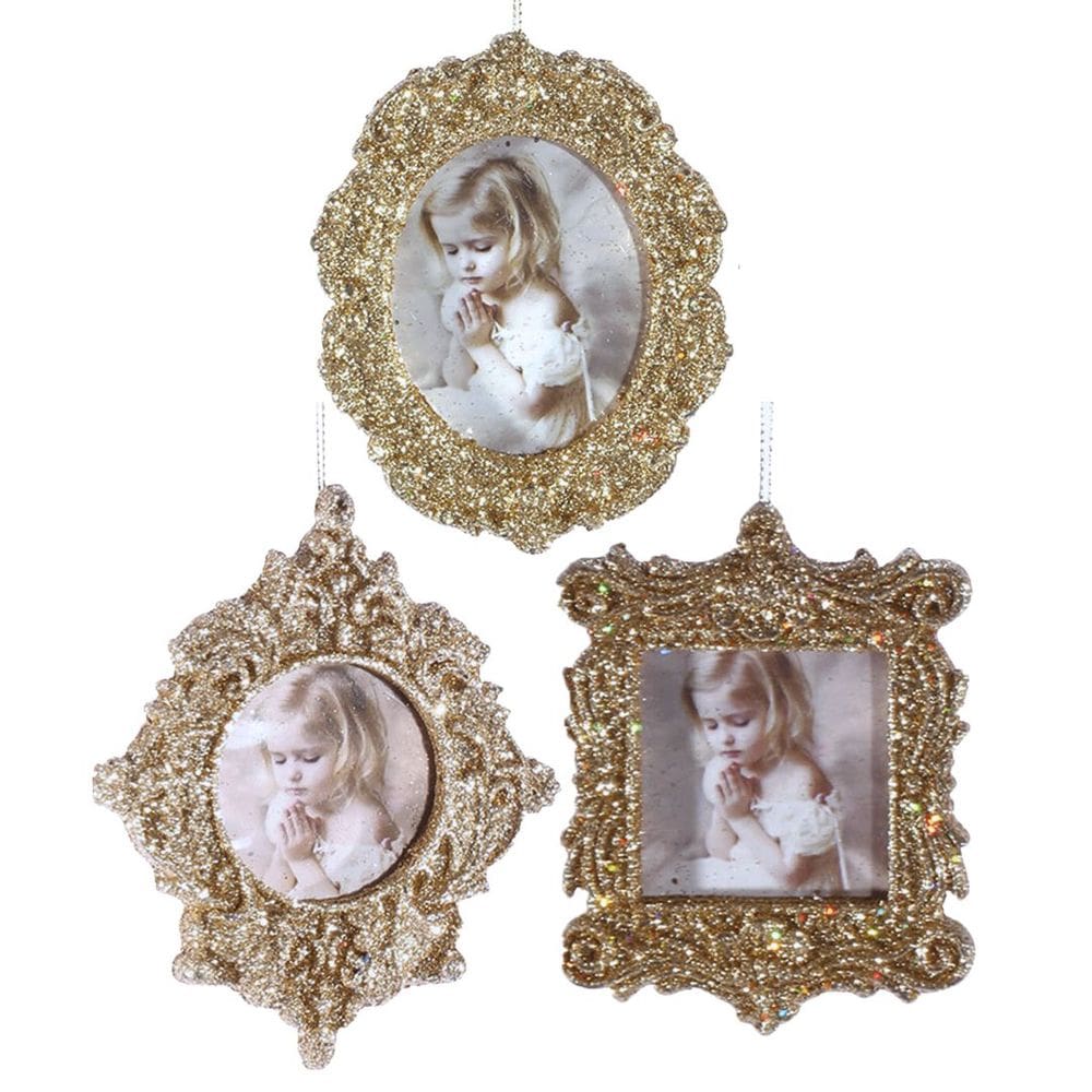 Jogo 3 Porta Retrato Decorativo Glitter Champanhe Gold Para Árvore Natal 10cm - Magizi