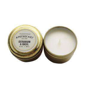 Vela perfumada de estanho de viagem Paddywax Apothecary Collection, 2 onças, gerânio e manjericão