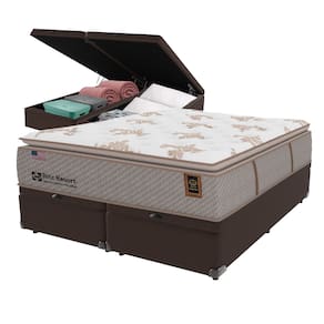 Cama Box Baú Marrom e Colchão Queen Ritz Resort Pillow High Tech Sealy