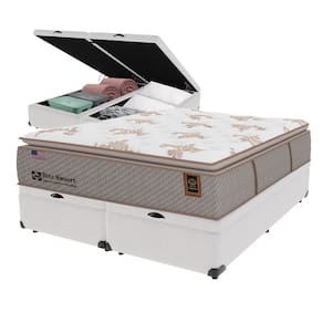 Cama Box Baú Branco e Colchão Queen Ritz Resort Pillow High Tech Sealy