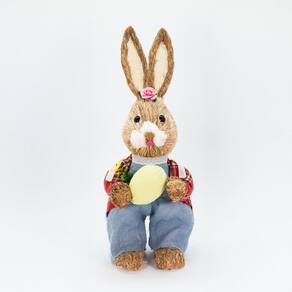 Coelho De Páscoa Enfeite em Palha Coelhinho Xadrez 54cm