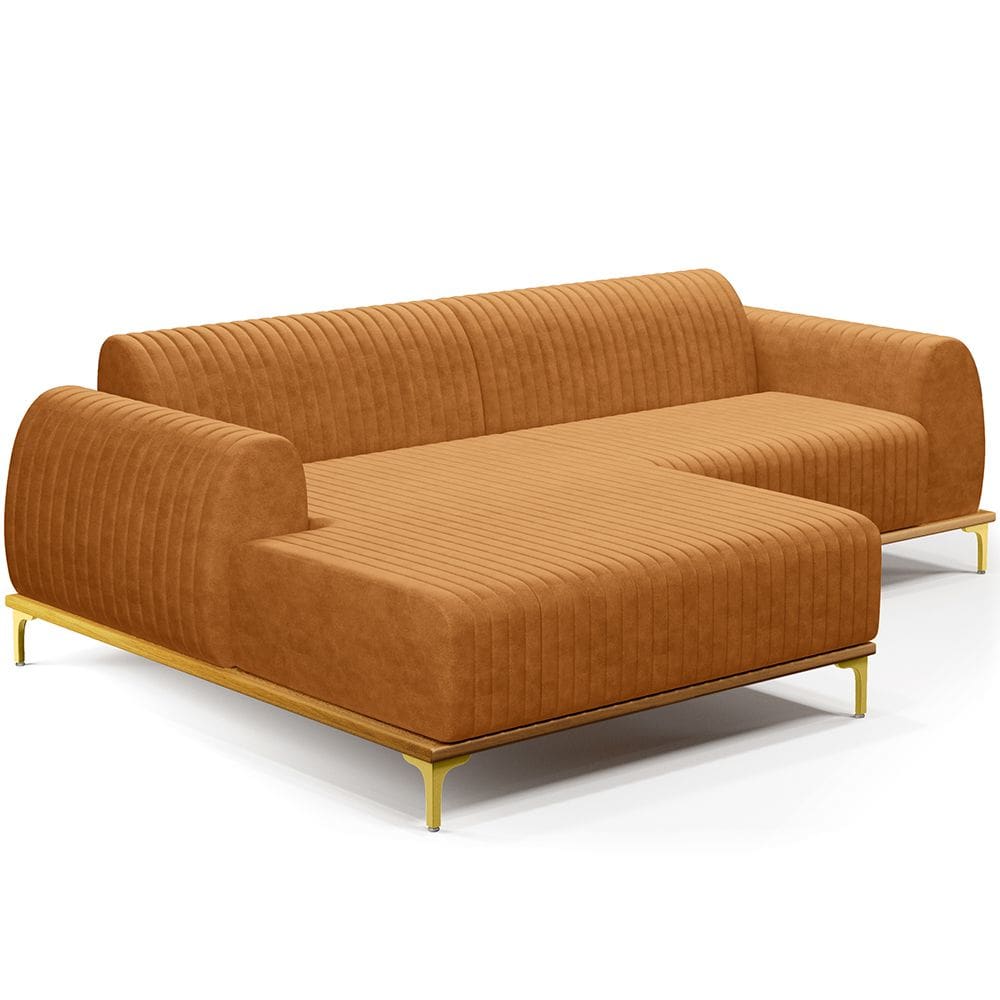 Sofá 5 Lugares com Chaise Esquerdo Para Sala de Estar Molino 350cm D02 Base Castanho Pés D`ouro Couríssimo Whisky B-90 - Lyam Decor