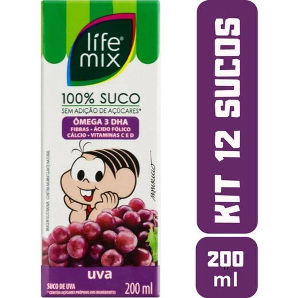 Kit 12 Sucos Life Mix Kids 200Ml Turma Da Mônica Sabor Uva