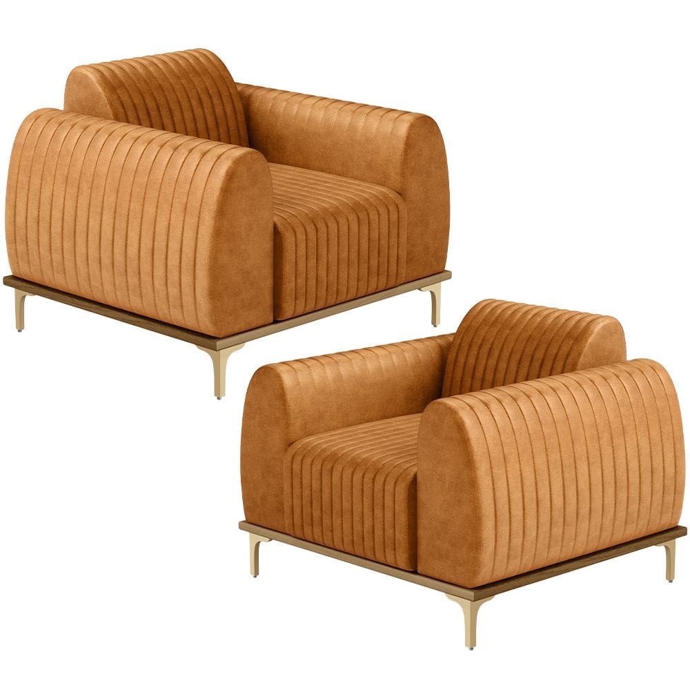 Kit 02 Poltronas Decorativa Base De Madeira Castanho e Pés Metalizado D`Ouro Molino D02 Couríssimo Whisky B-90 - Lyam Decor