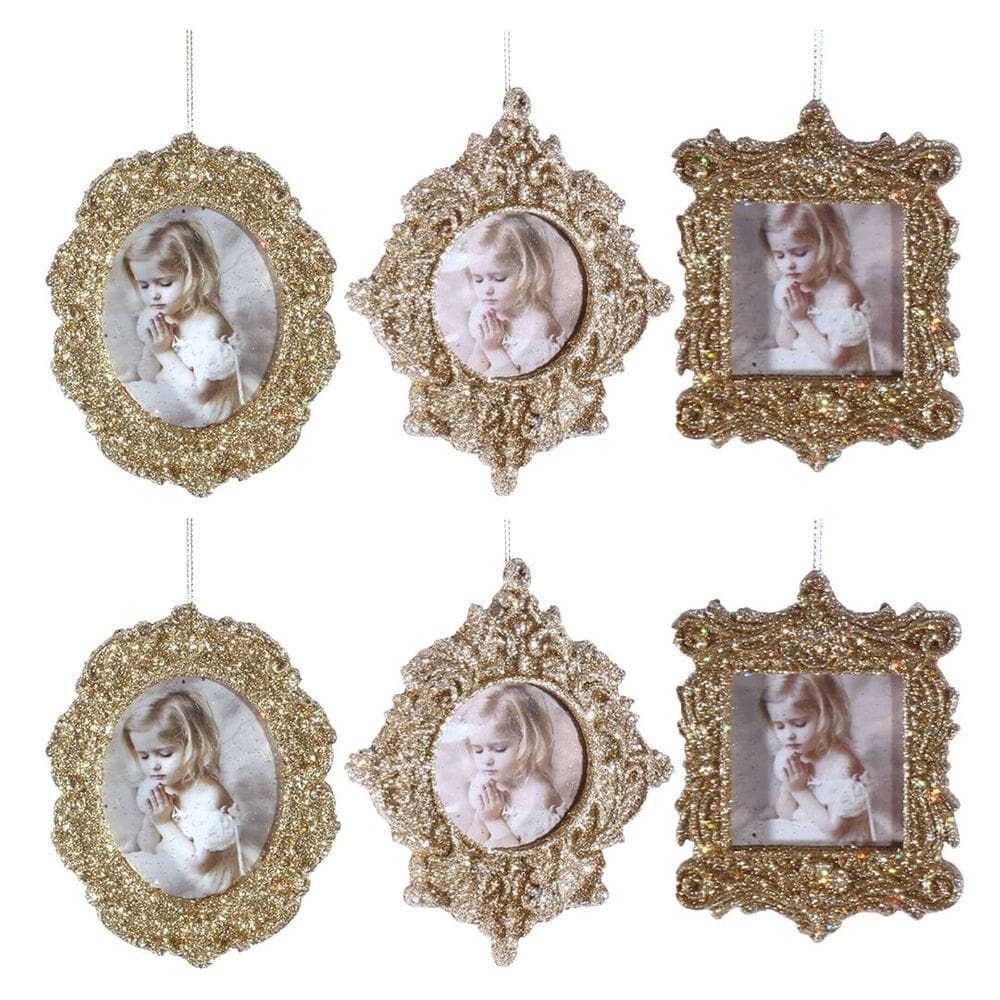 Kit Porta Retrato Glitter Champanhe Gold Para Árvore Natal 10cm 6 Peças - Magizi
