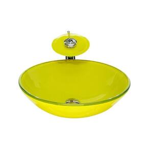 Cuba de Vidro Redonda 31cm + Valvula + Torneira Cascata Amarelo
