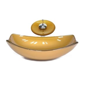 Cuba de Vidro Oval Chanfrada 51cm + Valvula + Torneira Cascata Dourado Real