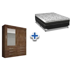 Cama Box Casal + Colchão Class Castor + Guarda Roupa Sonare Canela