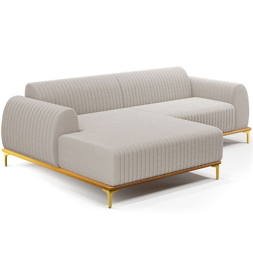 Sofá 5 Lugares com Chaise Esquerdo Para Sala de Estar Molino 300cm D02 Base Castanho Pés D`ouro Bouclê Creme B-54 - Lyam Decor