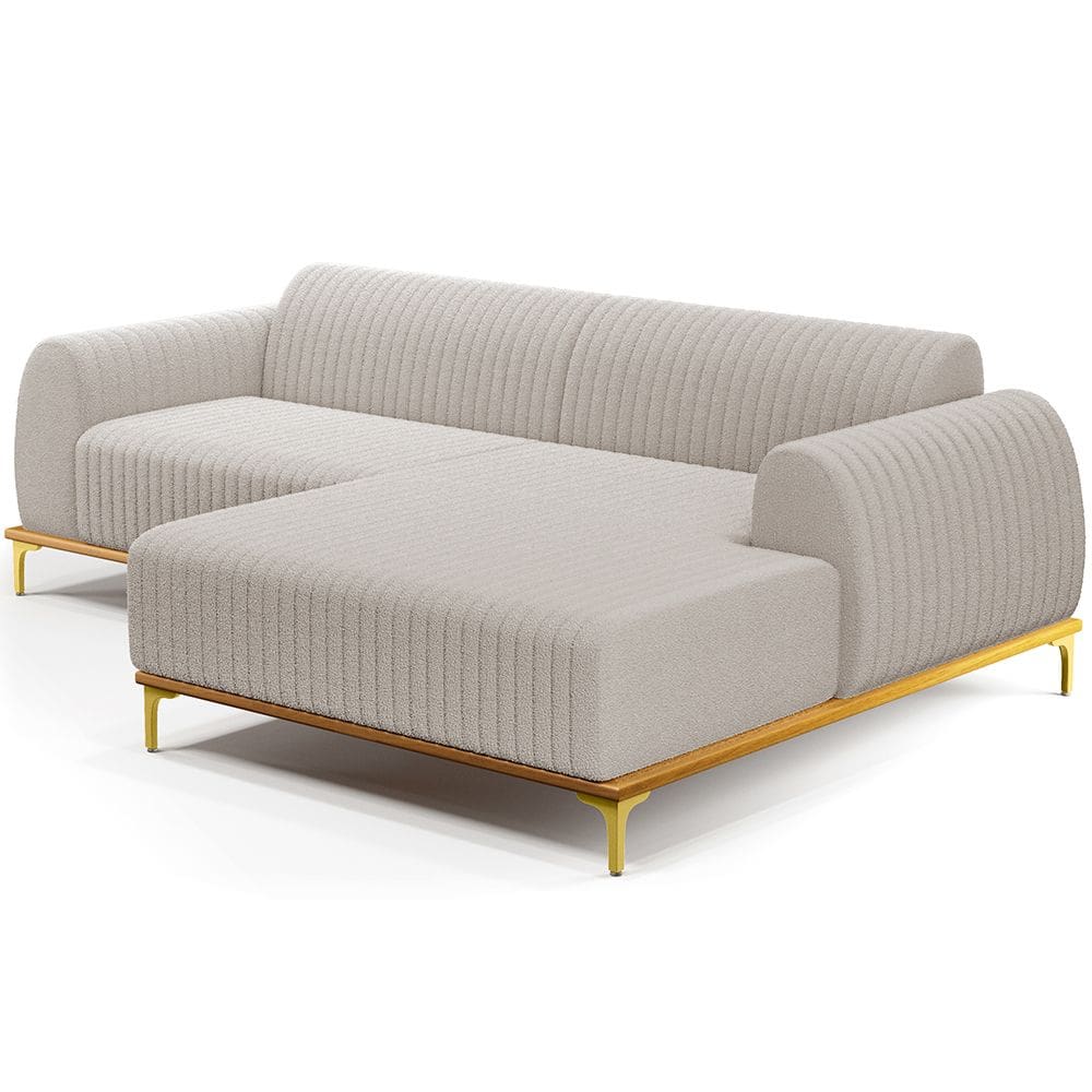 Sofá 5 Lugares com Chaise Direito Para Sala de Estar Molino 300cm D02 Base Castanho Pés D`ouro Bouclê Creme B-54 - Lyam Decor