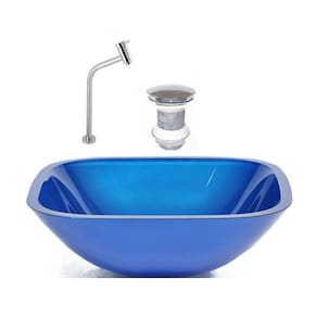 Cuba de Vidro Quadrada 35cm + Valvula + Torneira Metal Azul Escuro