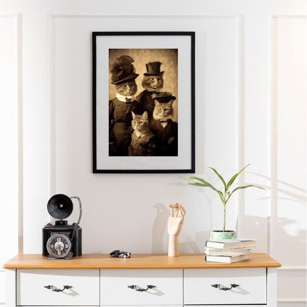Quadro Família De Gatos Antiga - 60X48Cm