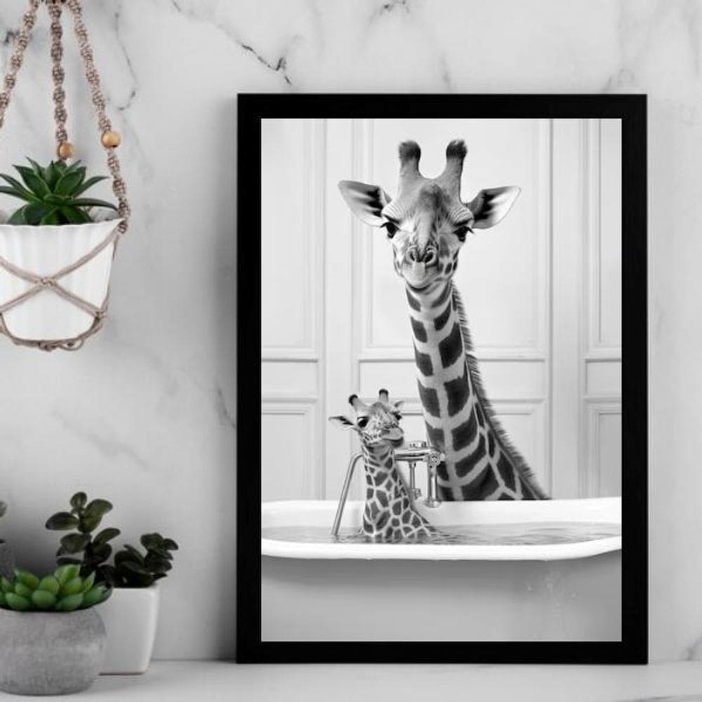 Quadro Banheiro - Girafa Com Filhote 24X18Cm - Com Vidro