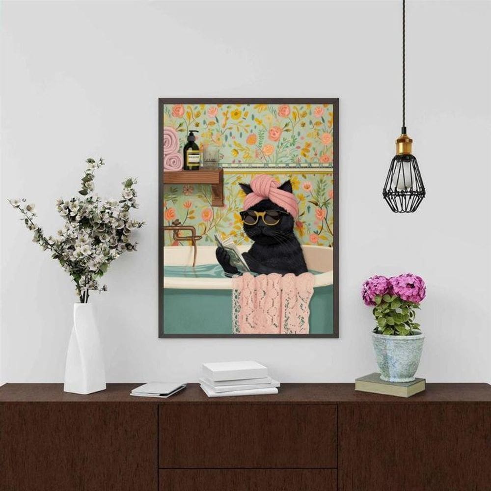 Quadro Divertido Banheiro - Gatinha 33X24Cm - Com Vidro