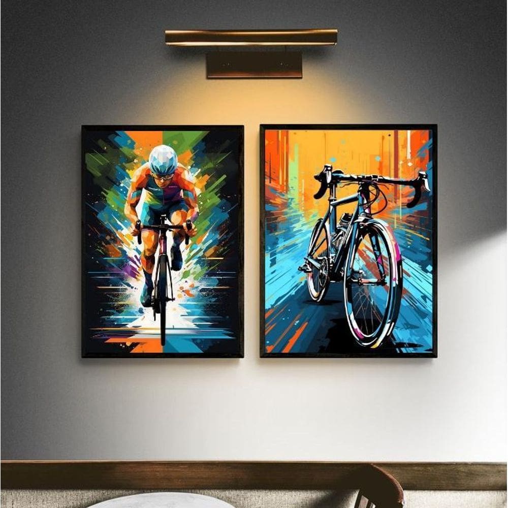 Kit 2 Quadros Arte Colorida Bike - Ciclista 33X24Cm - Vidro