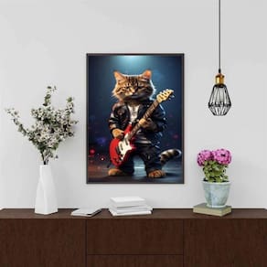 Quadro Gatinho Roqueiro - Guitarra 45X34Cm - Com Vidro