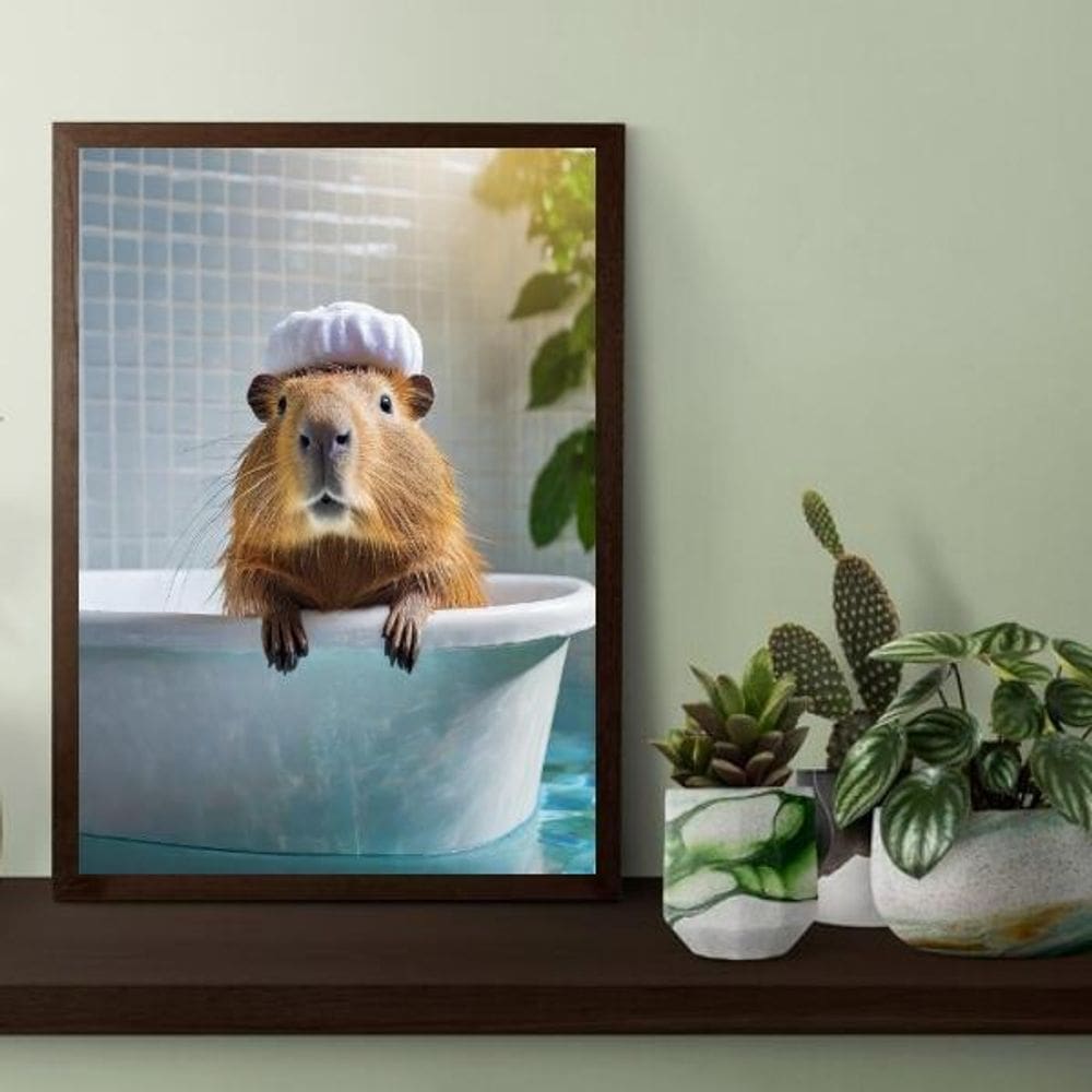 Quadro Decorativo Capivara No Banho 33X24Cm - Com Vidro