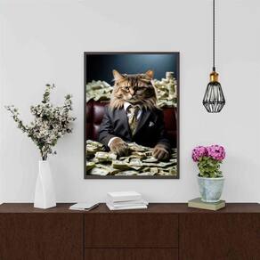 Quadro Decorativo Gato Rico 45X34Cm - Com Vidro