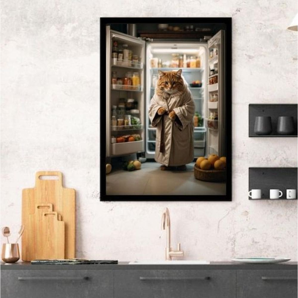 Quadro Decorativo Cozinha Gato Geladeira 24X18Cm - Com Vidro