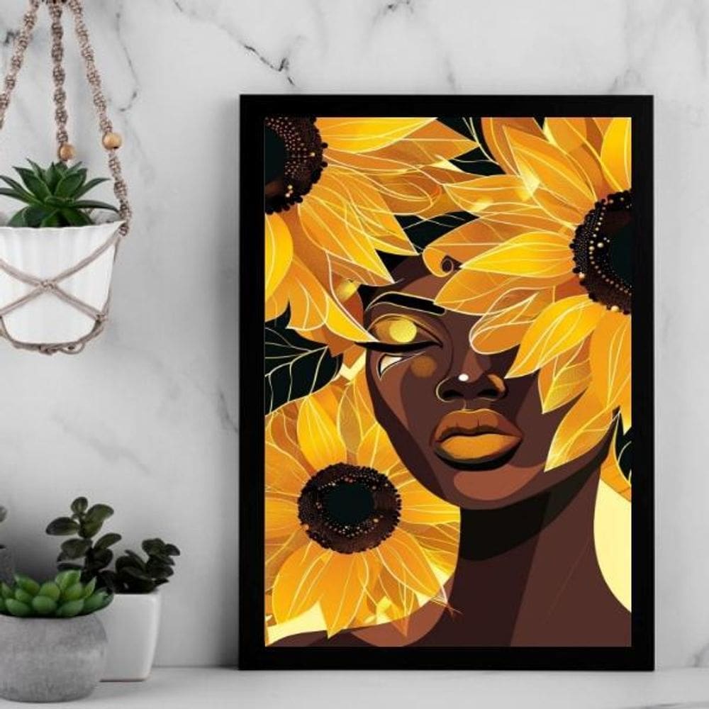 Quadro Decorativo Negra Com Girassois 45X34Cm - Com Vidro