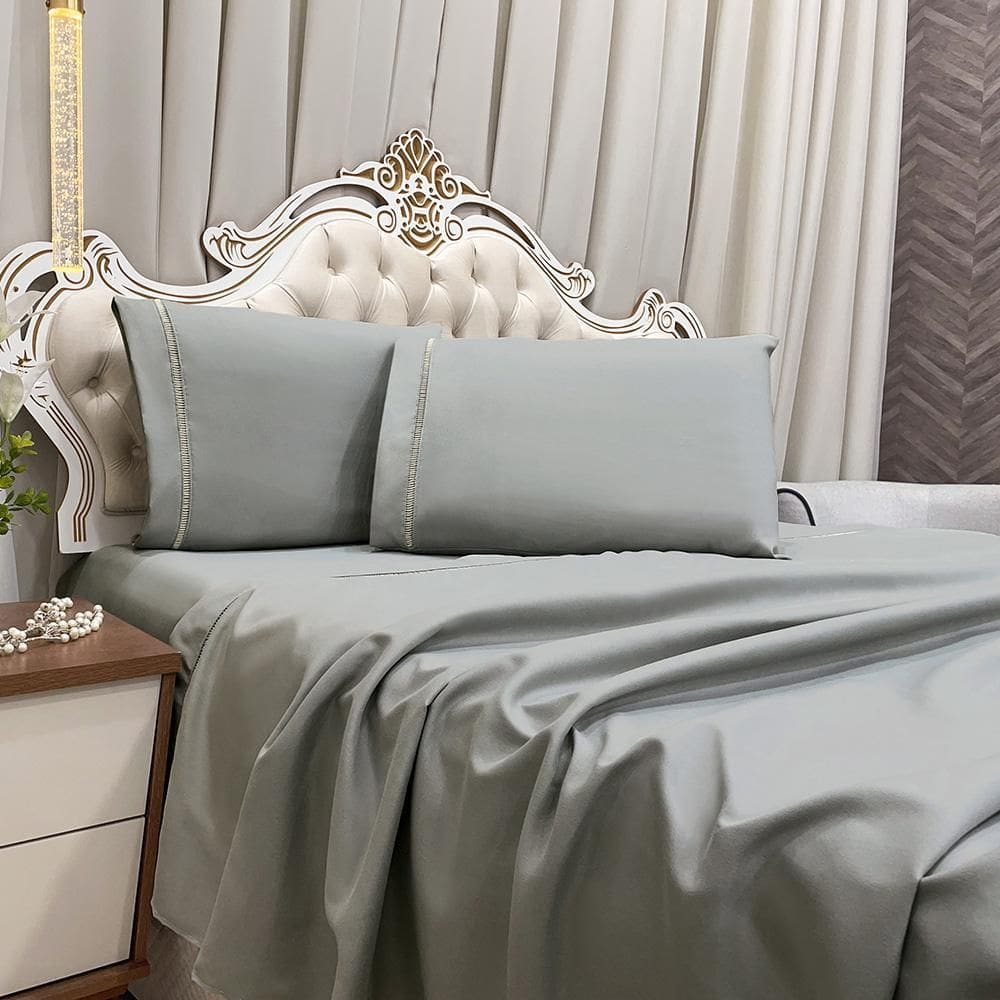 Jogo Cama Lençol Casal Realce Percal 400 Fios 4 Peças Cinza