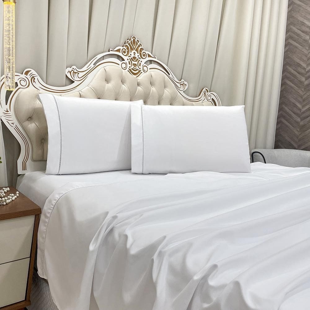 Jogo Cama Lençol Queen Realce Percal 400 Fios 4 Peças Branca
