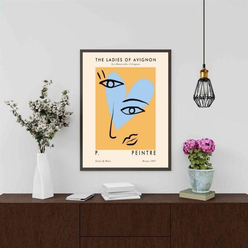 Quadro Picasso Coração Azul E Amarelo 33X24Cm - Com Vidro