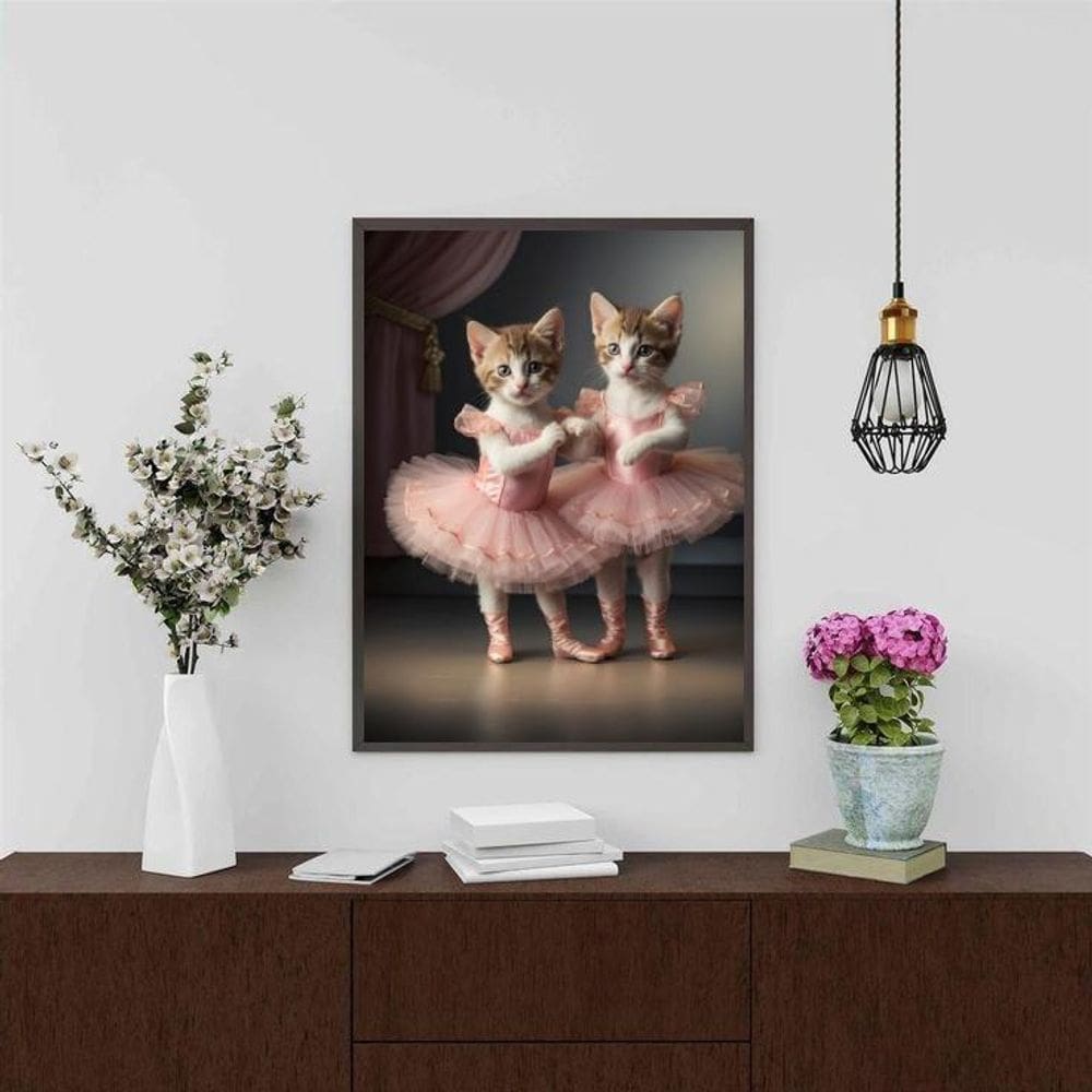 Quadro Decorativo Gatinhas Bailarinas 33X24Cm - Com Vidro