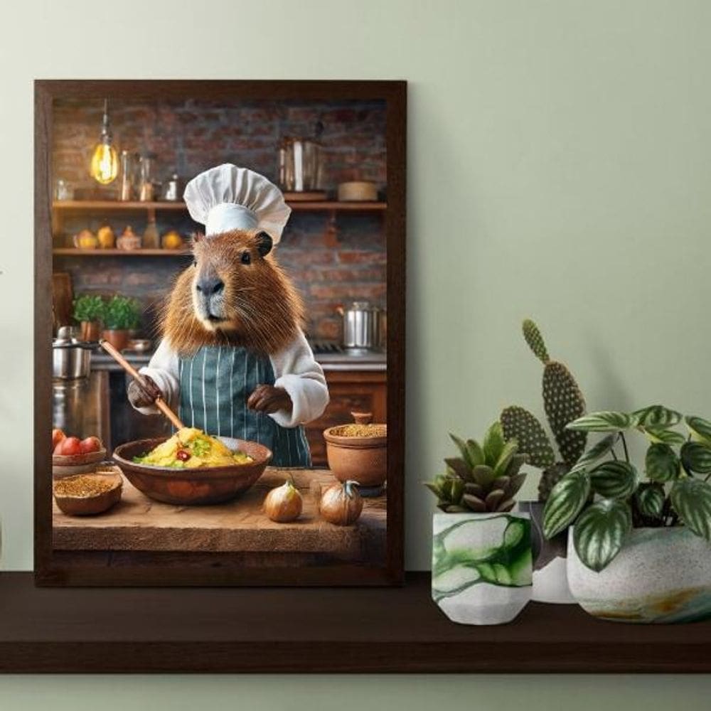 Quadro Decorativo Capivara Cozinhando 33X24Cm - Com Vidro