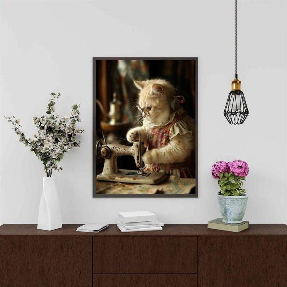Quadro Atelier De Costura Vintage - Gatinha 24X18Cm - Vidro