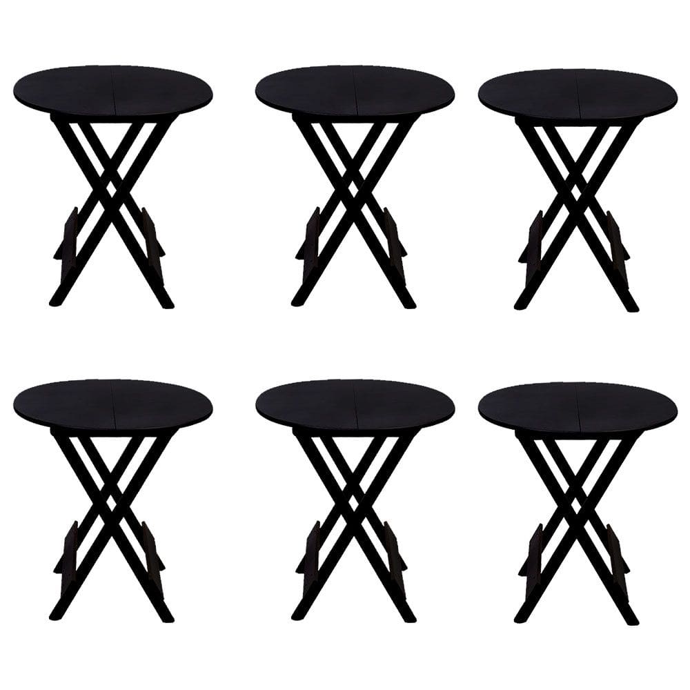 Kit 6 Mesas Redondas Dobráveis em Madeira Maciça 70x70 Preto Ideal para Bares e Restaurantes