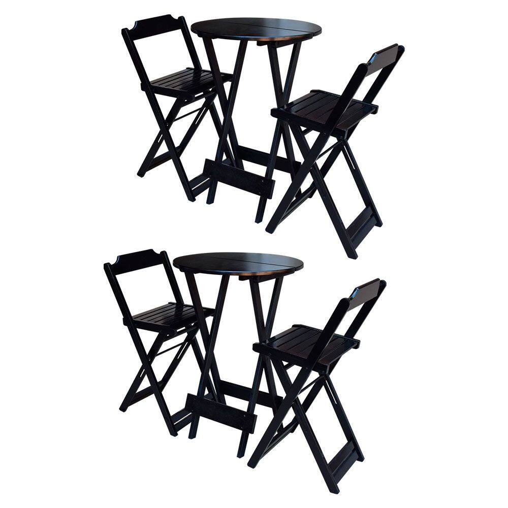 Kit 2 Jogos de Mesa Bistrô Dobrável em Madeira Maciça com 2 Banquetas Altas - Preto