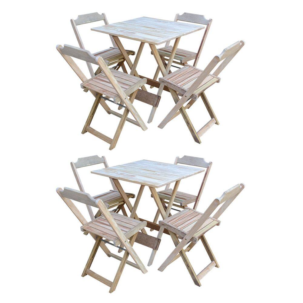 Kit 2 Conjuntos de Mesa 70x70 Dobrável em Madeira Padrão com 4 Cadeiras sem Pintura/crua