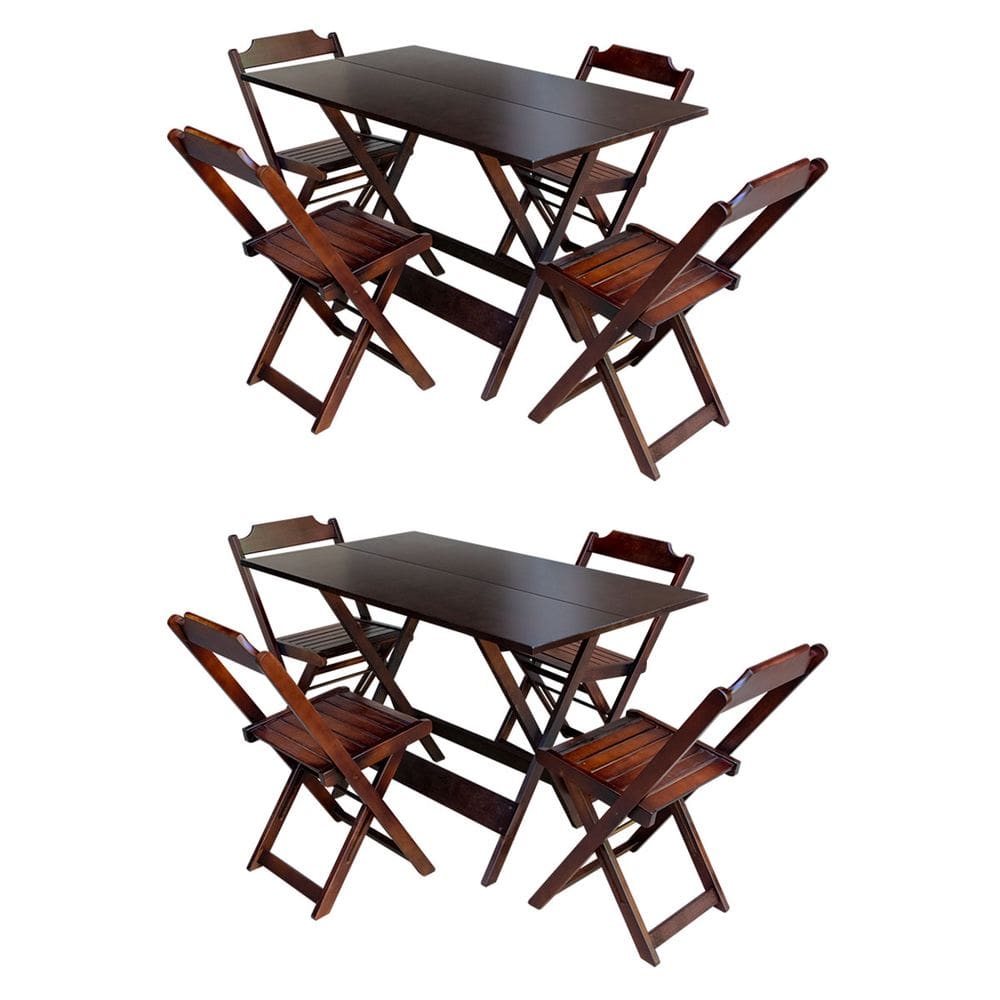 Kit 2 Jogos de Mesa Dobravel 120x70 em Madeira Maciça com 4 Cadeiras - Imbuia