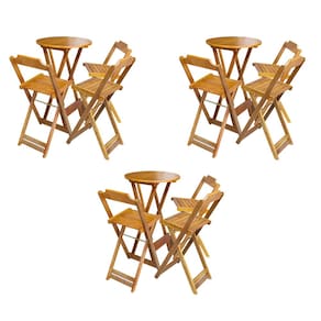 Kit 3 Conjuntos de Mesa Bistrô Dobraveis em Madeira Padrão com 3 Banquetas Altas - Caramelo