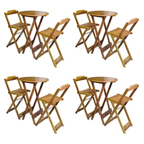 Kit 4 Conjuntos de Mesa Bistrô Dobraveis em Madeira Padrão com 2 Banquetas Altas - Caramelo