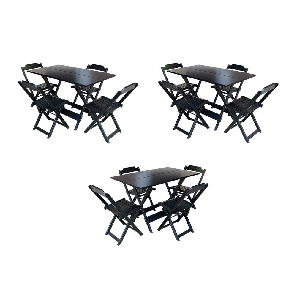 Kit 3 Jogos de Mesa Retangular Dobravel em Madeira Padrão 120x70 com 4 Cadeiras - Preto