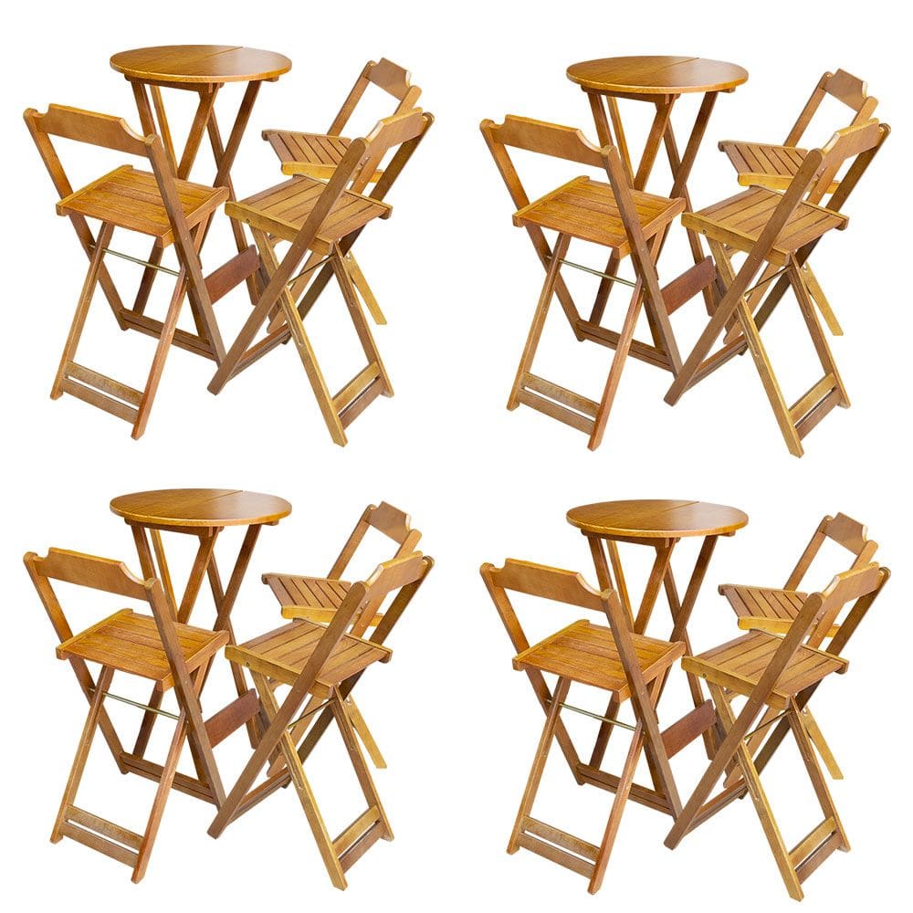 Kit 4 Conjuntos de Mesa Bistrô Dobravel em Madeira Maciça com 3 Banquetas Altas - Caramelo