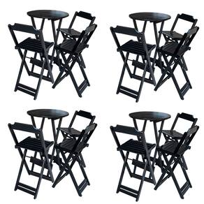 Kit 4 Conjuntos de Mesa Bistrô Dobravel em Madeira Maciça com 3 Banquetas Altas - Preto