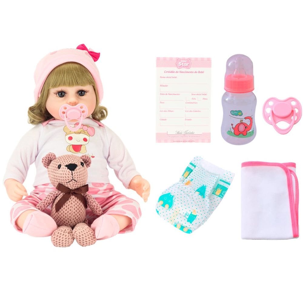 Boneca Bebê Reborn Loira Coração e Acessórios Baby Star