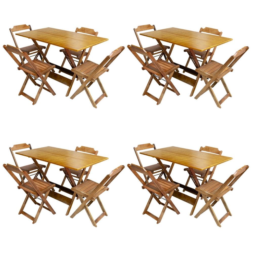 Kit 4 Jogos De Mesa Com 4 Cadeiras De Madeira Dobravel 120x70 Ideal Para Bar E Restaurante - Castanho