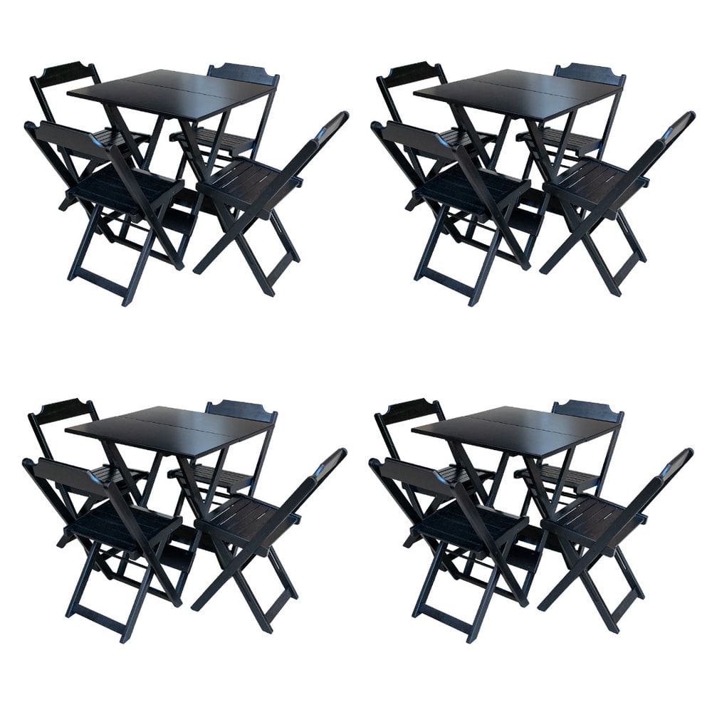 Kit 4 Jogos De Mesa Com 4 Cadeiras De Madeira Dobravel 60x60 Ideal Para Bar E Restaurante - Preto