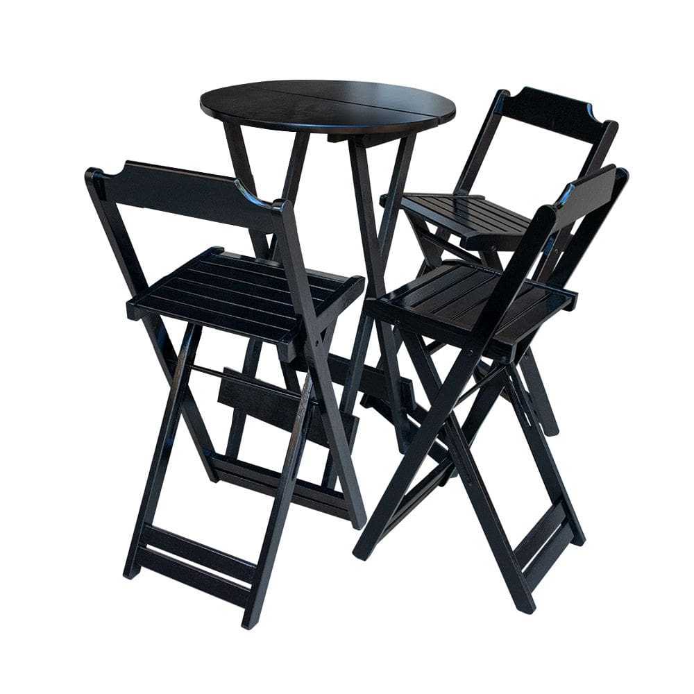 Jogo de Mesa Bistrô Dobrável em Madeira Maciça com C/3 Banquetas Altas - Preto