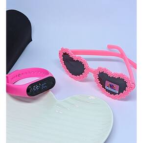 Kit Relógio Digital Meninas Toutch Led Prova água Silicone + Óculos de Sol Coração Menina Flor Florzinha Flexível Moda