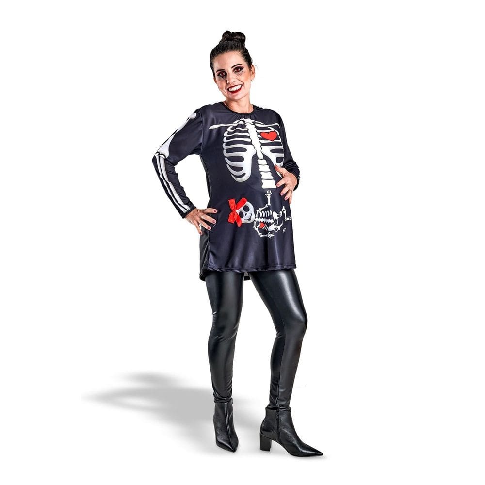 Fantasia Caveira Gestante Bata para Grávida Esqueletinho Menino ou Menina Poncho Adulto Festa Halloween Dia das Bruxas