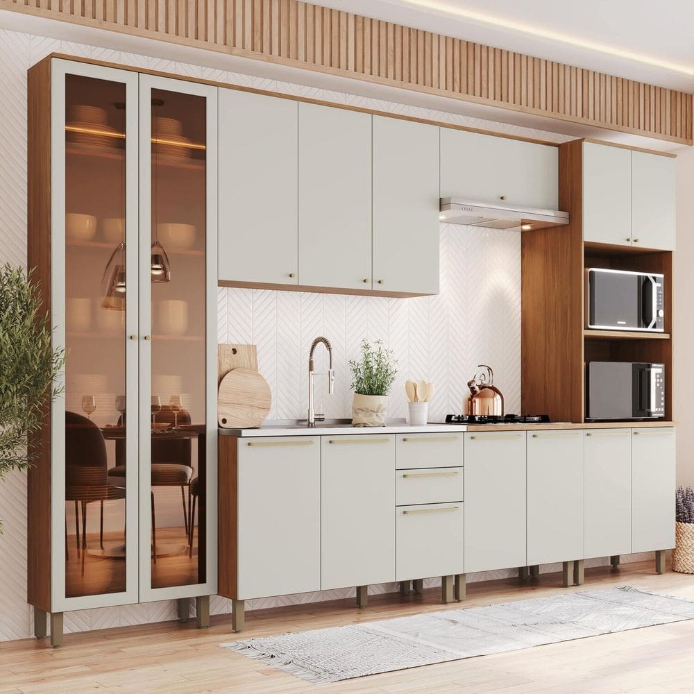 Cozinha Completa 8 Peças com Cristaleira Yasmin Espresso Móveis Marrom/Areia