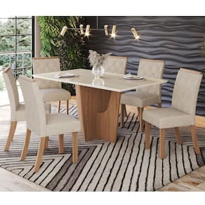 Conjunto Sala Jantar Vértice 160cm Canto Reto com Vidro + 6 Cadeiras Vita Marrom/Off White